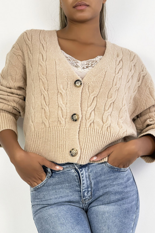 Classic beige cropped cable knit cardigan - 3