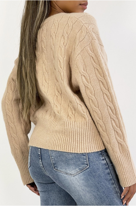 Klassiek beige cropped gebreid kabelvest - 4