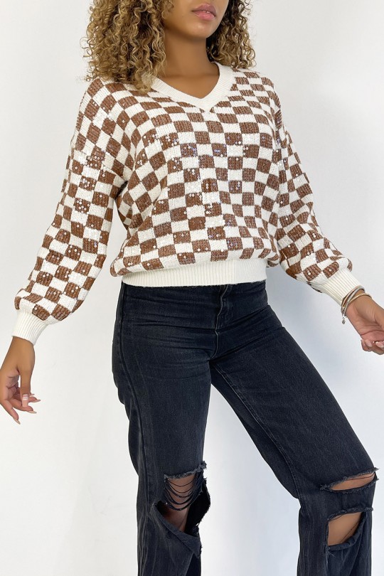 V-neck sweater with shiny checkered pattern - 1