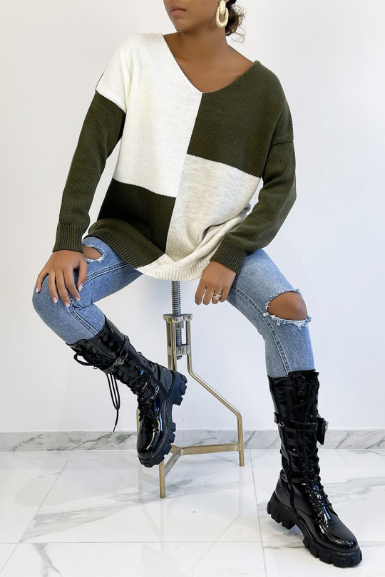 Oversized khaki asymmetric pattern V-neck sweater - 1
