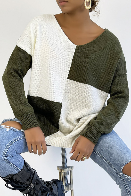 Oversized khaki asymmetric pattern V-neck sweater - 2