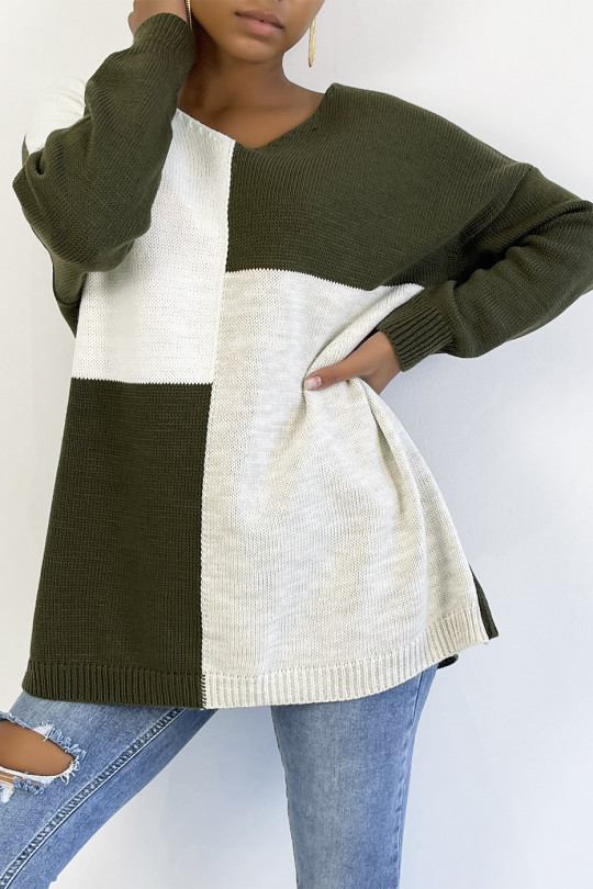 Oversized khaki asymmetric pattern V-neck sweater - 3