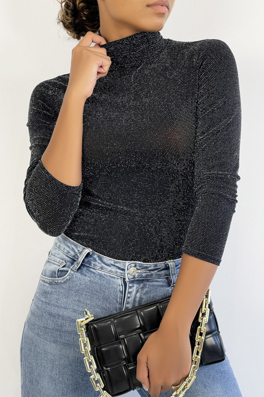 Black evening top with silver sequins turtleneck long sleeve. - 1