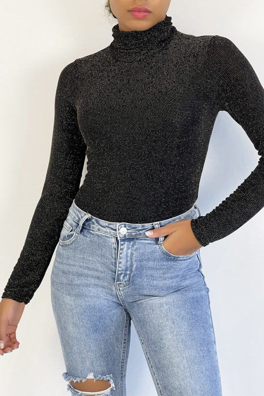 Black evening top with gold sequins turtleneck with long sleeves. - 5