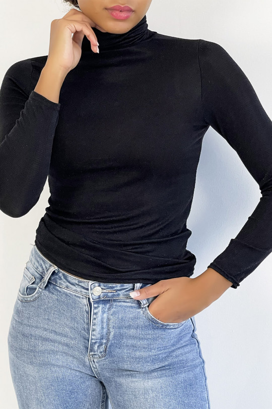 Black evening top with black sequins turtleneck with long sleeves. - 1
