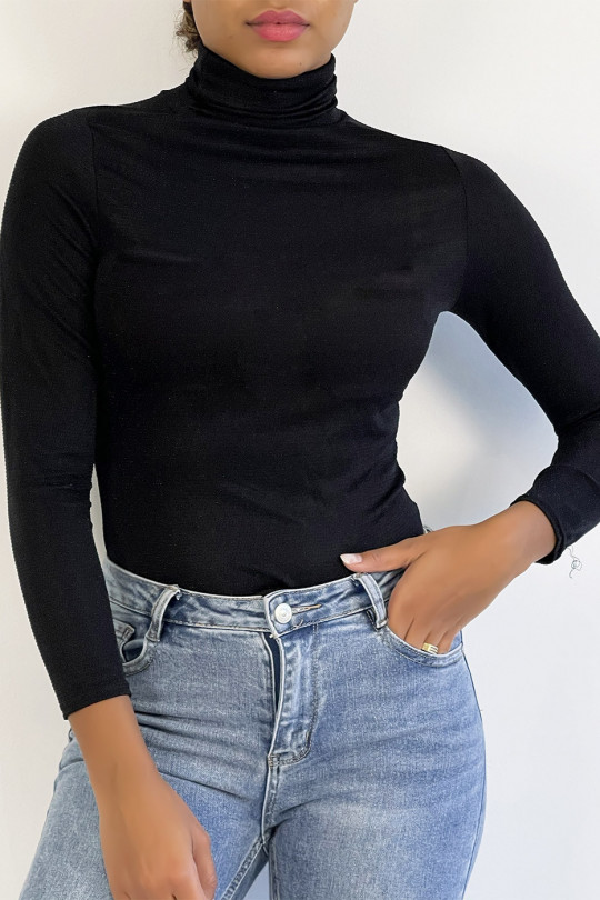 Black evening top with black sequins turtleneck with long sleeves. - 2