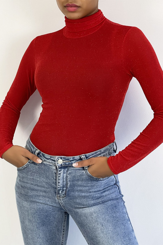 Red evening top with red sequins long sleeve turtleneck. - 1