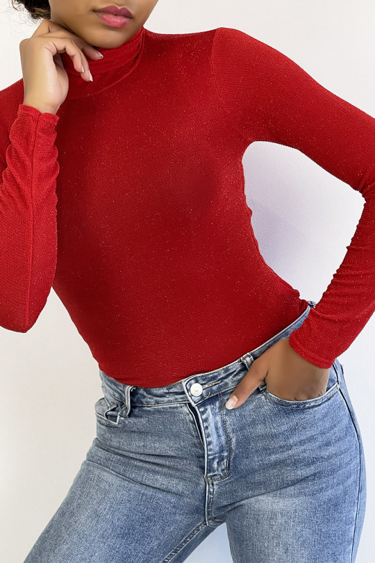 Red evening top with red sequins long sleeve turtleneck. - 2