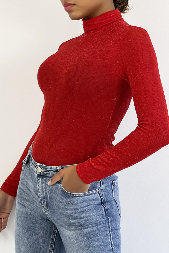 Red evening top with red sequins long sleeve turtleneck. - 3
