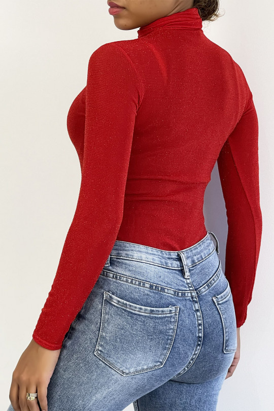 Red evening top with red sequins long sleeve turtleneck. - 4
