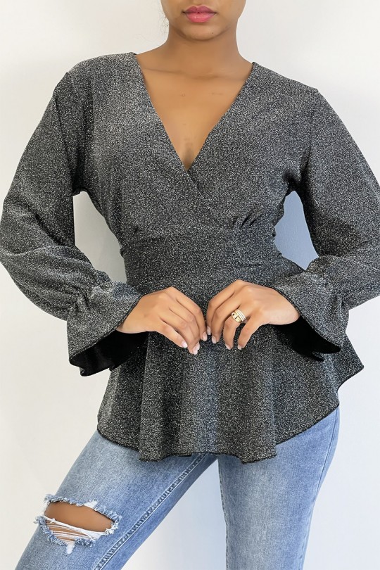 Ruffled Silver Sequin Wrap Blouse - 1