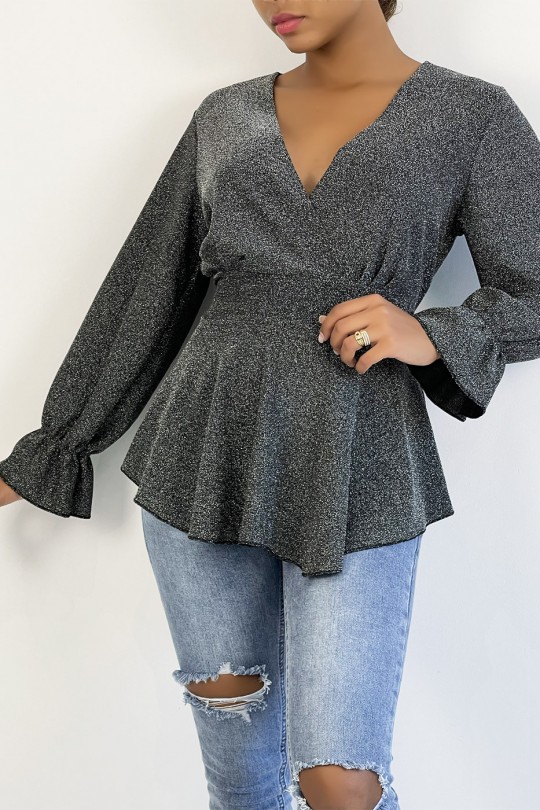 Ruffled Silver Sequin Wrap Blouse - 2