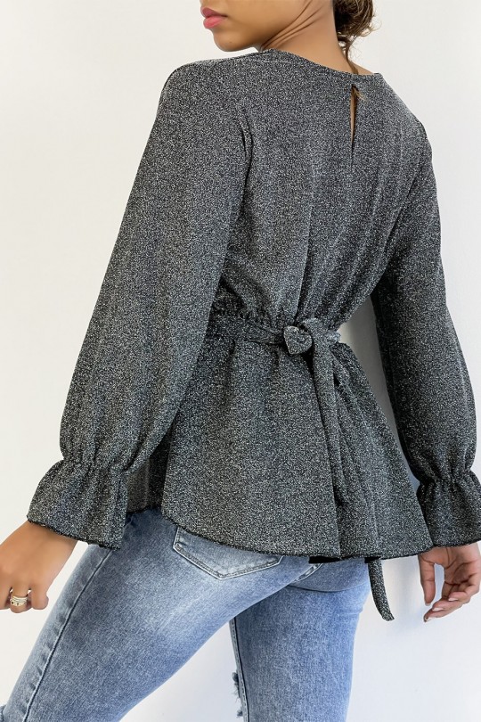 Ruffled Silver Sequin Wrap Blouse - 4