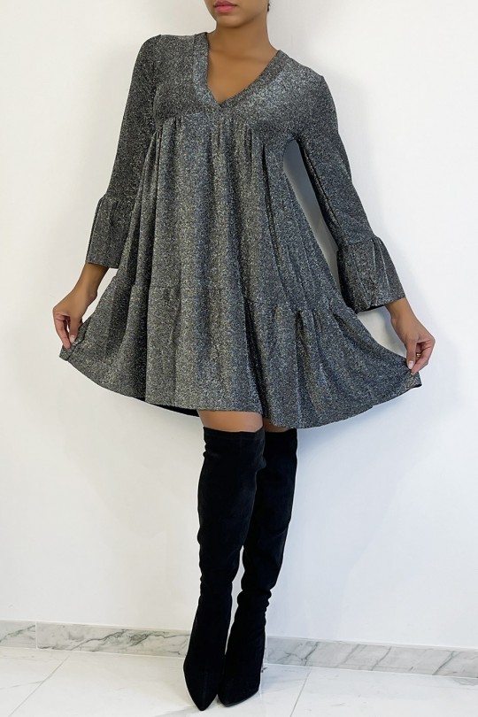 V-neck tunic dress with silver sequins and ruffles - 1