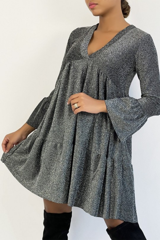 V-neck tunic dress with silver sequins and ruffles - 2