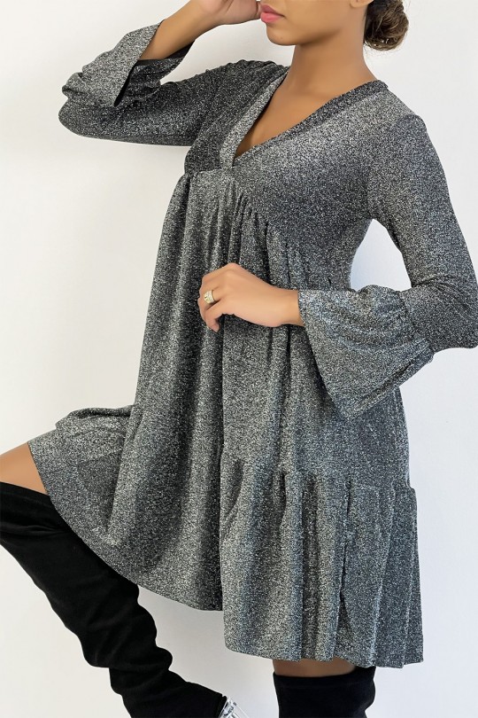 V-neck tunic dress with silver sequins and ruffles - 3