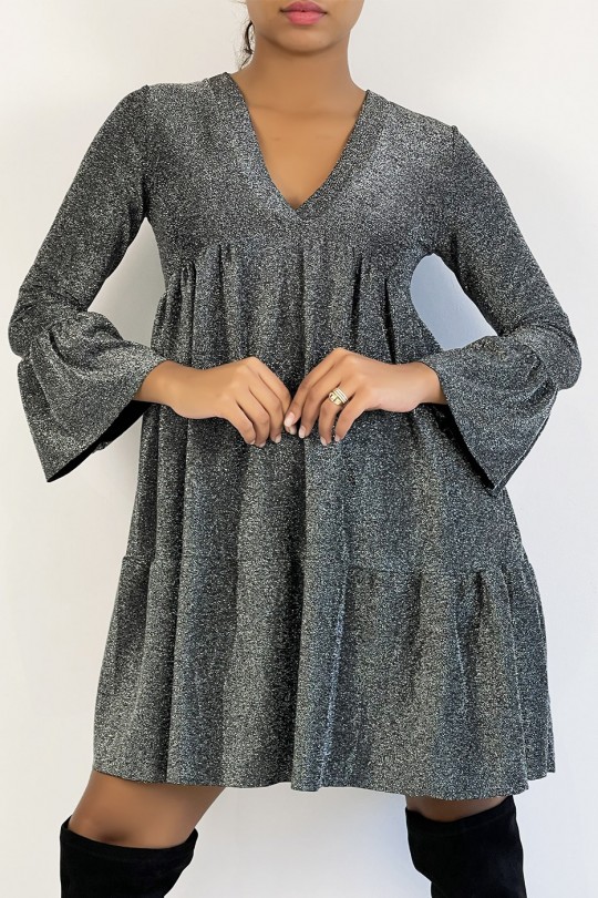 V-neck tunic dress with silver sequins and ruffles - 4