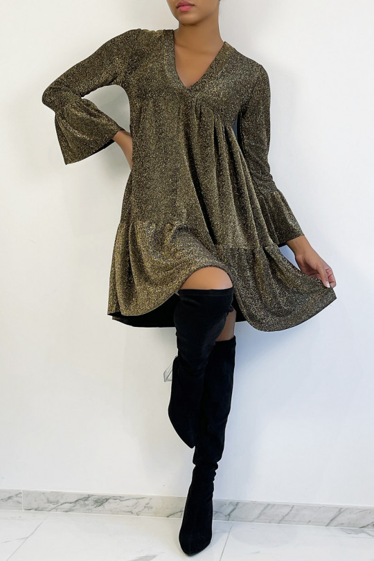 V-neck tunic dress with gold sequins and ruffles - 1
