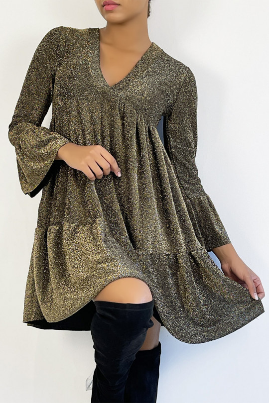 V-neck tunic dress with gold sequins and ruffles - 2
