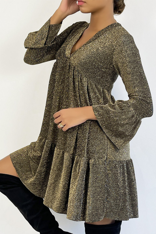 V-neck tunic dress with gold sequins and ruffles - 3