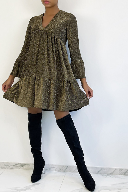 V-neck tunic dress with gold sequins and ruffles - 6