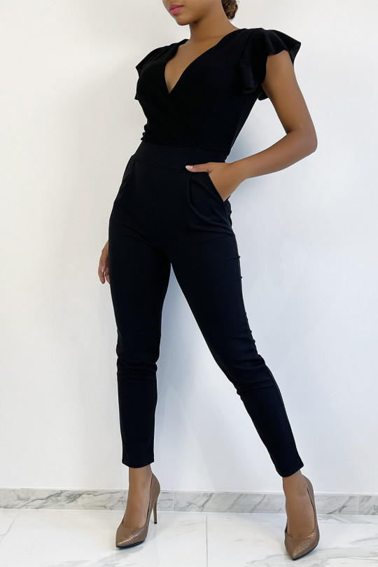 Zwarte bodycon jumpsuit met overslag en lovertjes - 2
