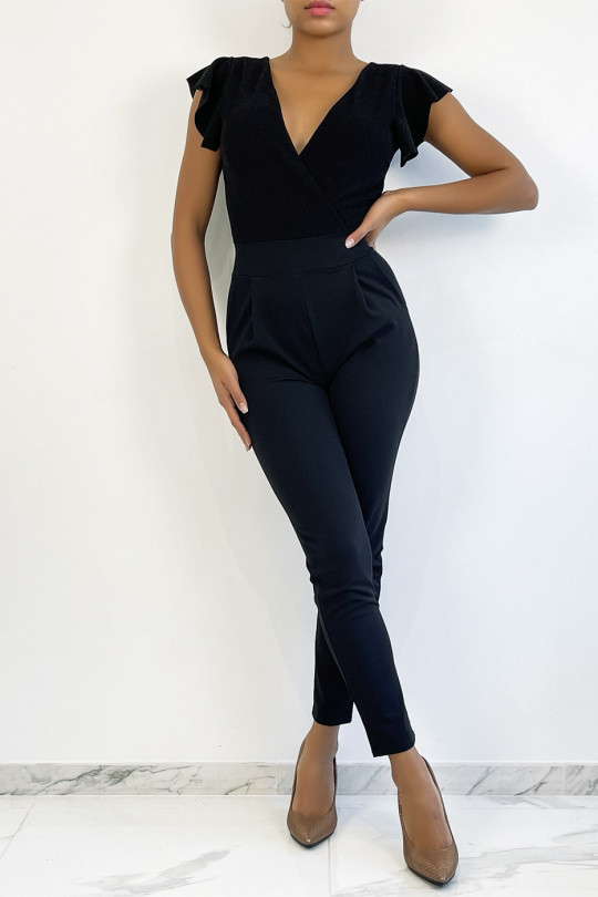 Zwarte bodycon jumpsuit met overslag en lovertjes - 3