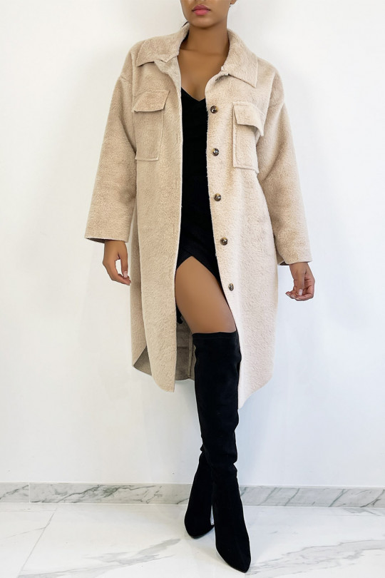 Long overshirt style jacket in pink faux fur - 2