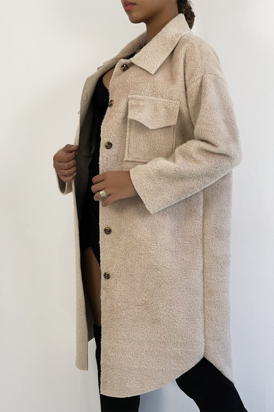 Long overshirt style jacket in pink faux fur - 4