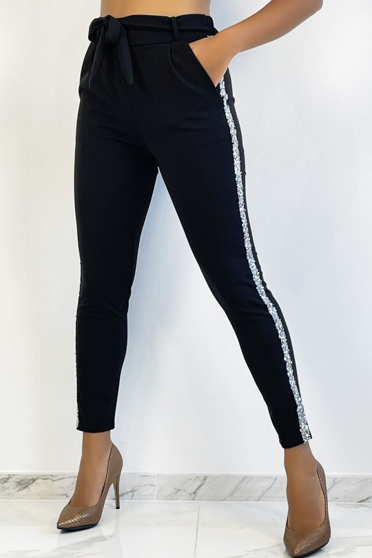 Black fluid trousers with bands and silver sequins - 1