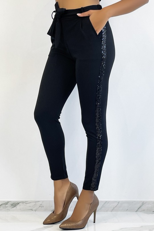 Pantalon fluide noir à bandes et à sequins - 2