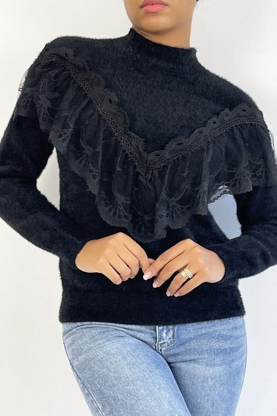 Soft black sweater with stand-up collar and retro-style embroidered flounce - 1