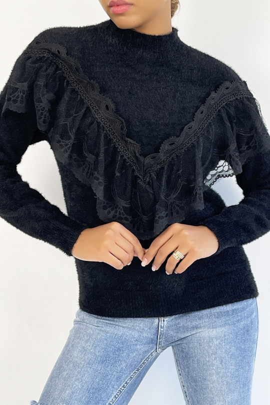 Soft black sweater with stand-up collar and retro-style embroidered flounce - 2