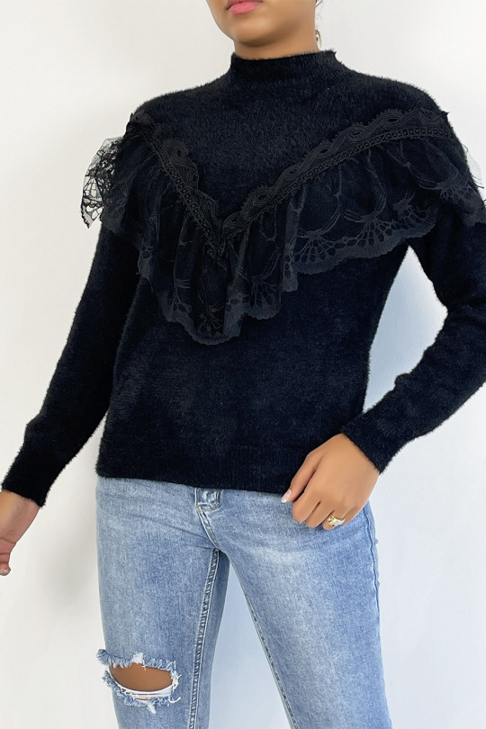 Soft black sweater with stand-up collar and retro-style embroidered flounce - 3
