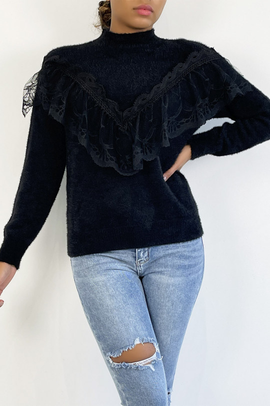 Soft black sweater with stand-up collar and retro-style embroidered flounce - 4