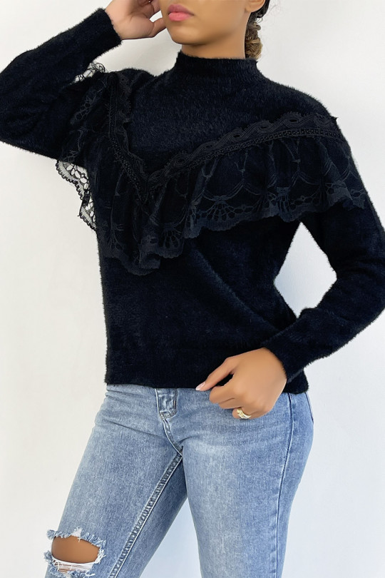 Soft black sweater with stand-up collar and retro-style embroidered flounce - 5