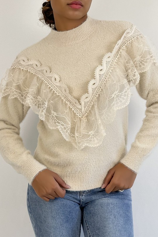 Soft beige sweater with stand-up collar and retro-style embroidered flounce - 2