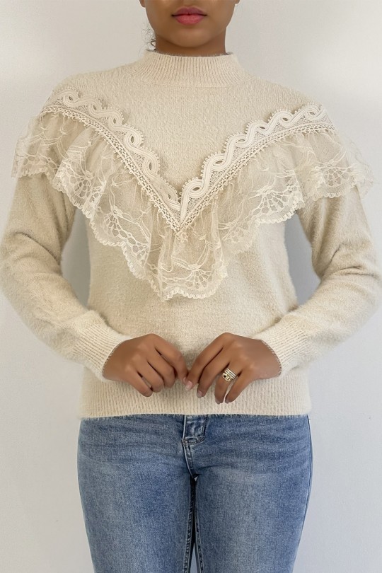Soft beige sweater with stand-up collar and retro-style embroidered flounce - 3