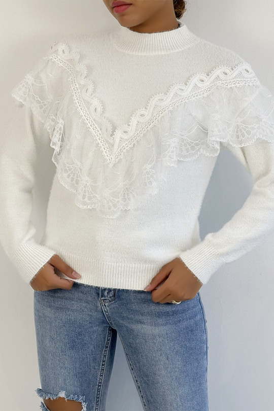 Soft white sweater with stand-up collar and retro-style embroidered flounce - 1