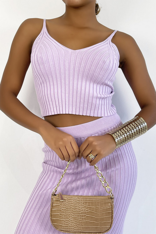 Purple Ribbed Pencil Skirt And Tank Top Set - 5