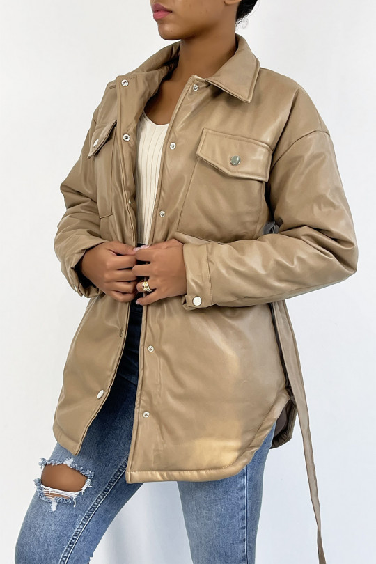 Mid-length camel faux vegan leather down jacket with belt and super trendy pocket - 4