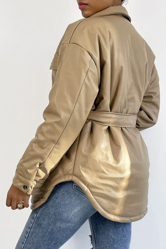 Mid-length camel faux vegan leather down jacket with belt and super trendy pocket - 5