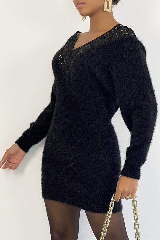 SuSSr soft black furry V-neck fitted sweater dress with plunging neck back - 1