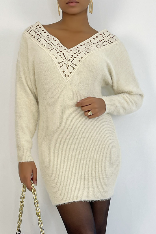 Super soft beige furry V-neck fitted sweater dress with plunging neck back - 2