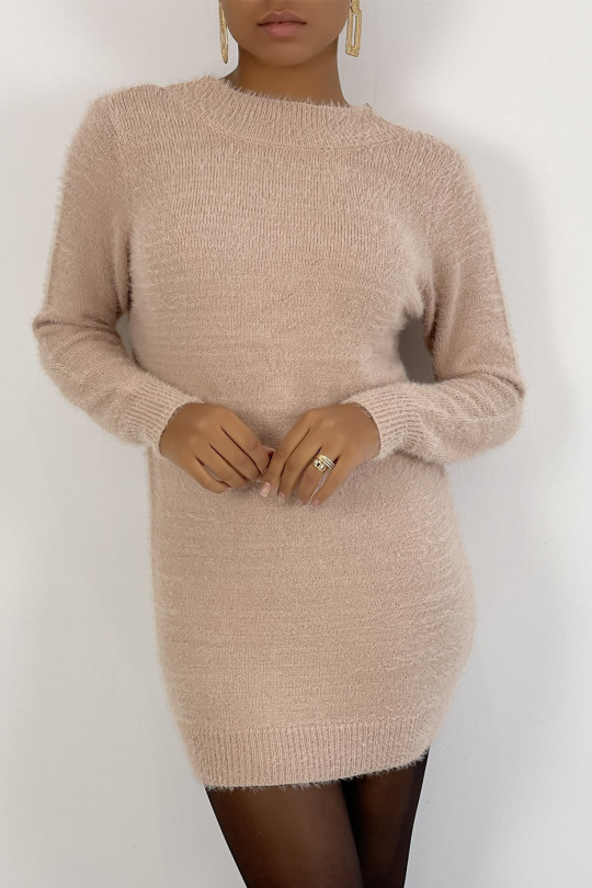 Soft pink sweater dress long round neck with plunging back slit and lace details - 4