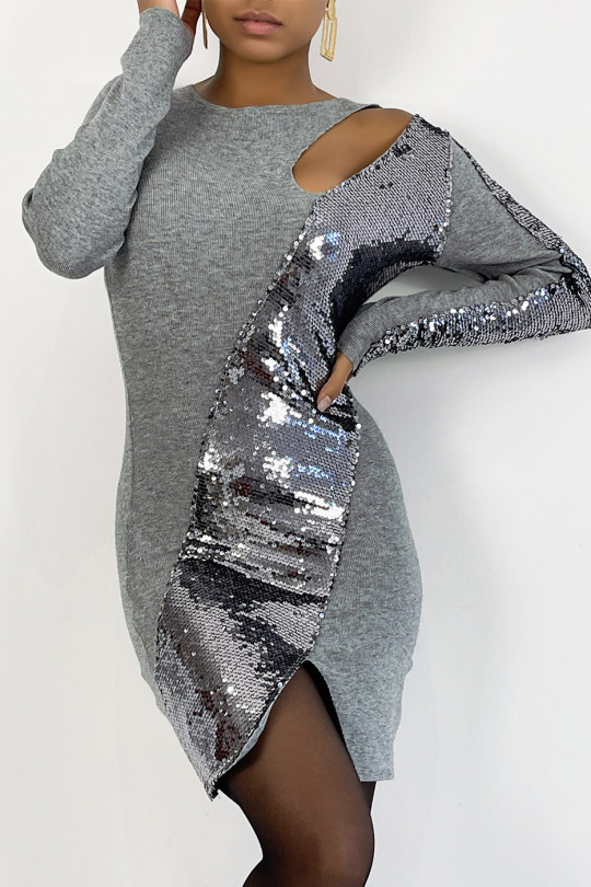 Gray bodycon dress with sequins slit at the thighs soft pleasant and super stylish with its cut out on the shoulder - 2