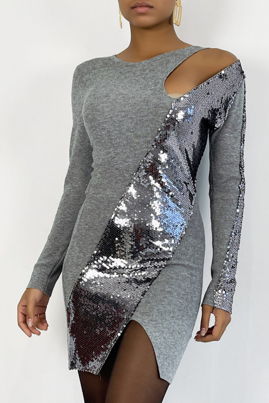 Gray bodycon dress with sequins slit at the thighs soft pleasant and super stylish with its cut out on the shoulder - 3