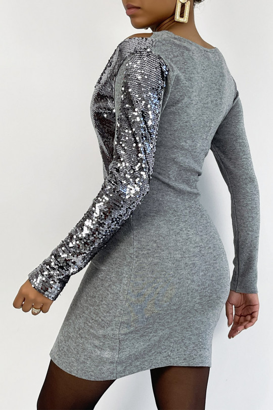 Gray bodycon dress with sequins slit at the thighs soft pleasant and super stylish with its cut out on the shoulder - 4