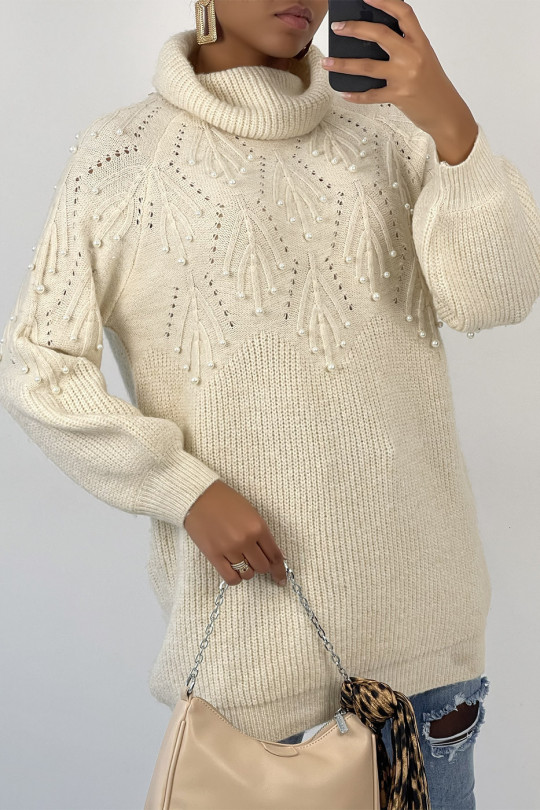 Loose beige turtleneck knit sweater dress with embossed pattern and pearls on the chest - 2