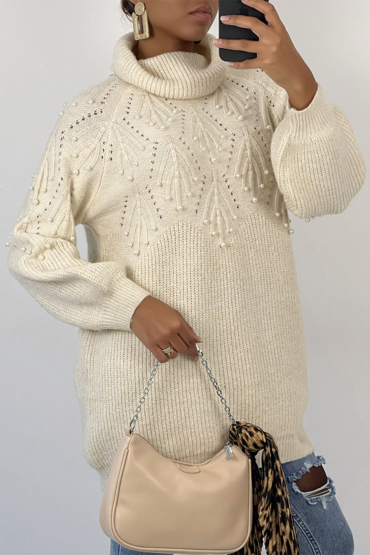 Loose beige turtleneck knit sweater dress with embossed pattern and pearls on the chest - 3